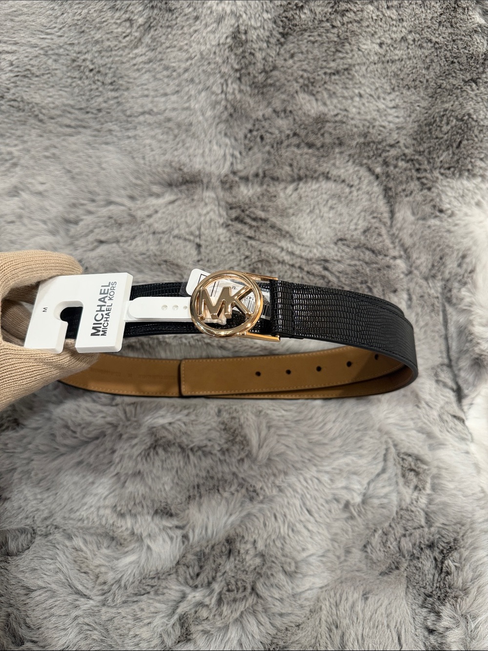 Michael Kors Black Lizard Textured Leather Gold MK Logo Buckle Belt 1.25" W Sz M
